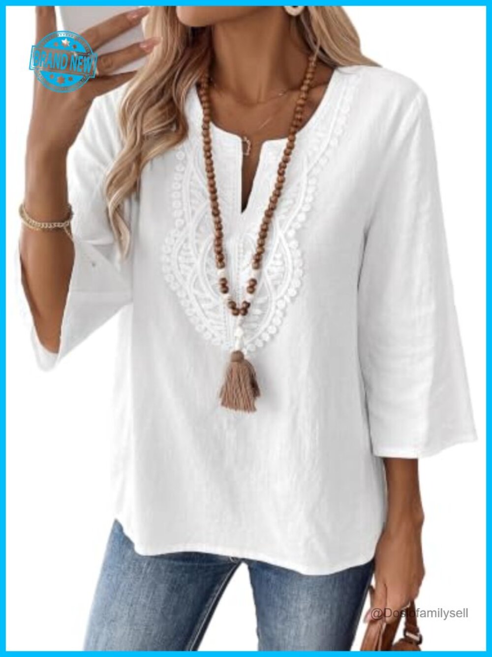 Womens V Neck 3/4 Sleeve Embroidered Lace Boho Tunic Top Blouse